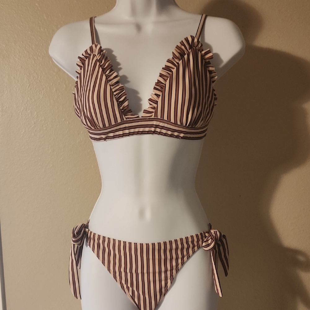 Brown Striped Bikini with Triangle Ruffle Top and Side-Tie Bottom